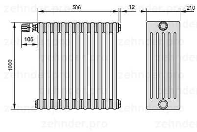 Схема (чертеж) Радиатор Zehnder Charleston 6100/11 №V012 Белый глянцевый RAL 9016